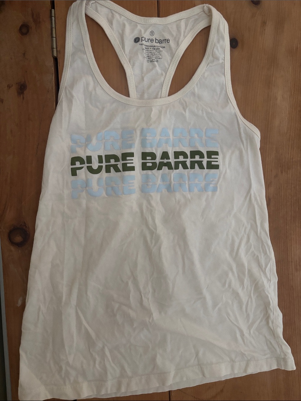 Pure Barre Off-White Racerback Tank with Blue and Olive Logo EUC Small